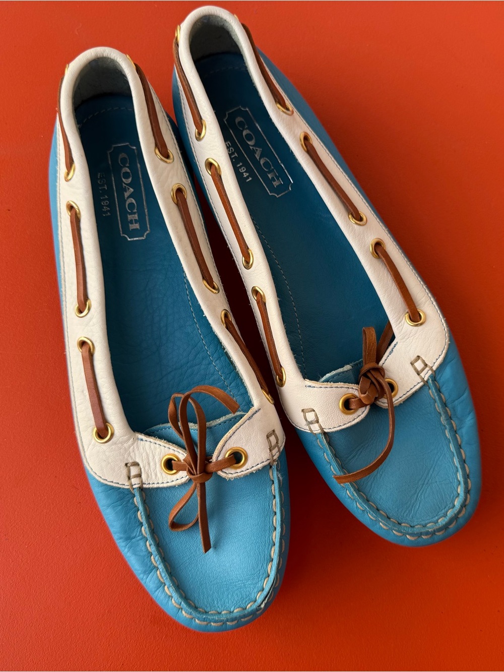 Coach Vintage "Drena K" Leather Boat Shoe Loafer Blue White | Women's Size 7 B